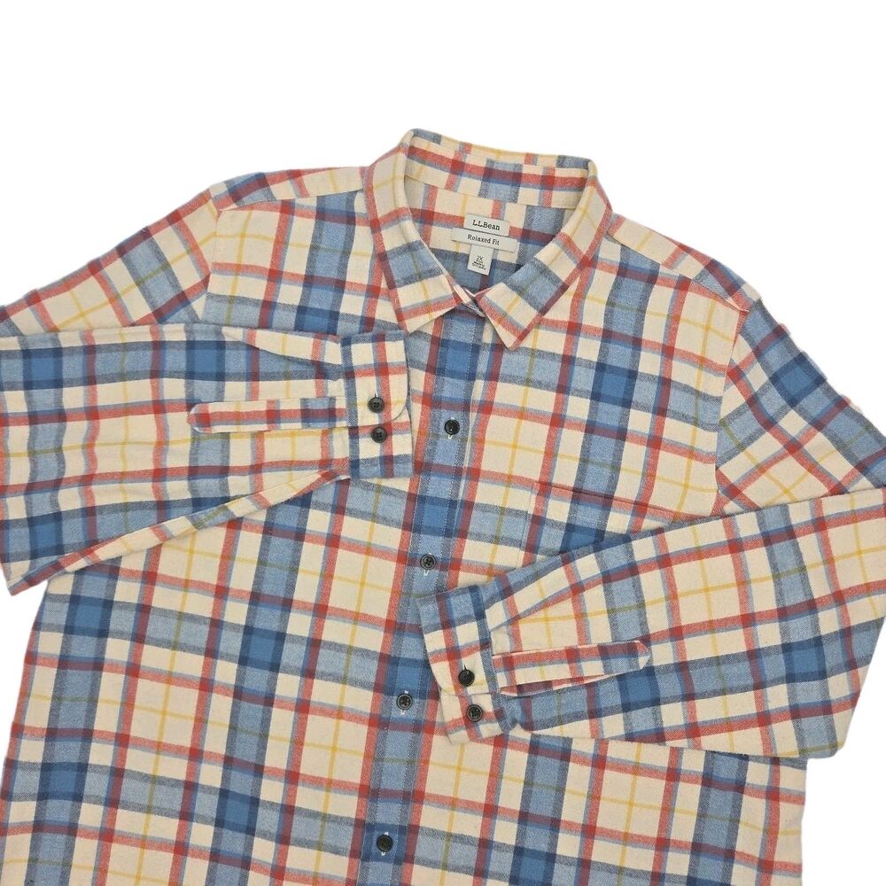 LL Bean Shirt Plaid Flannel Relaxed Fit Women Plus 2X Blue Cream Button Long Slv